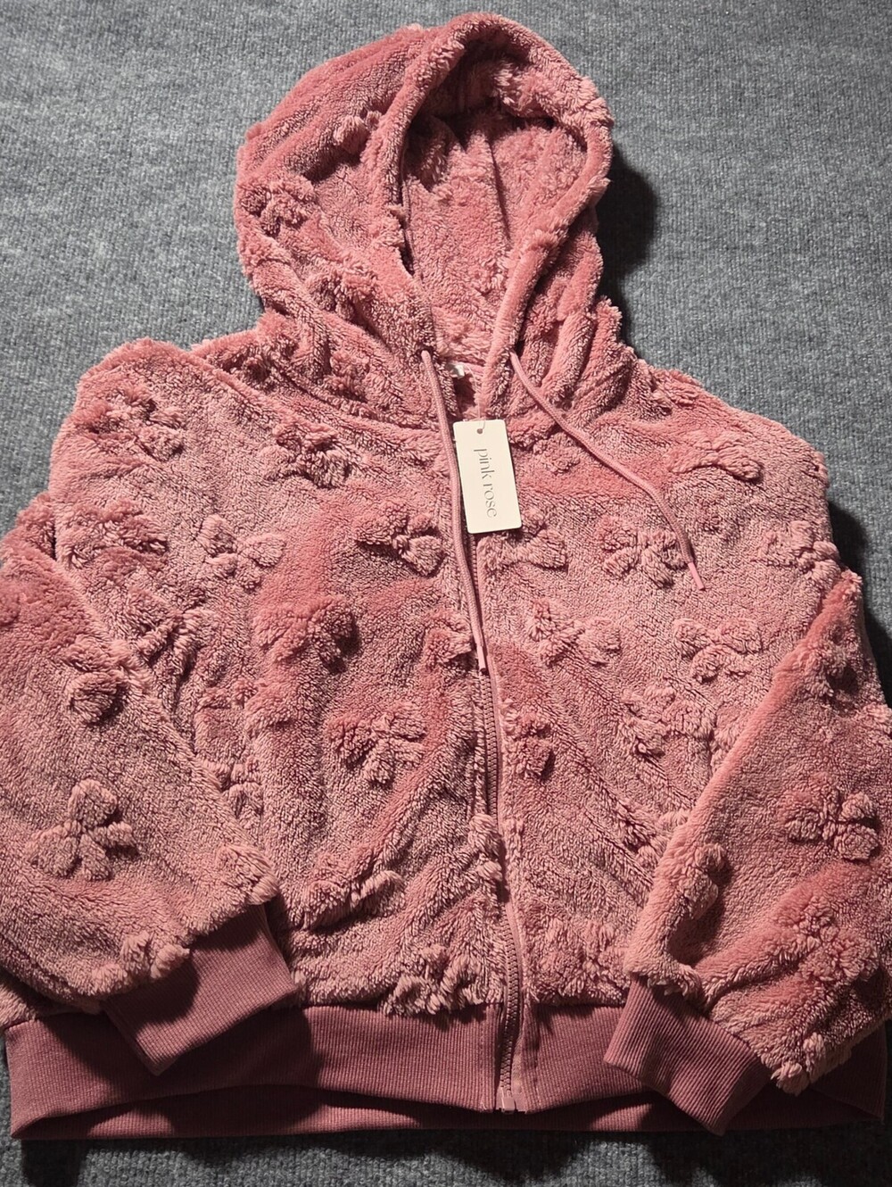 Pink Rose Mauve Bows Plush Zip-Up Hoodie XL